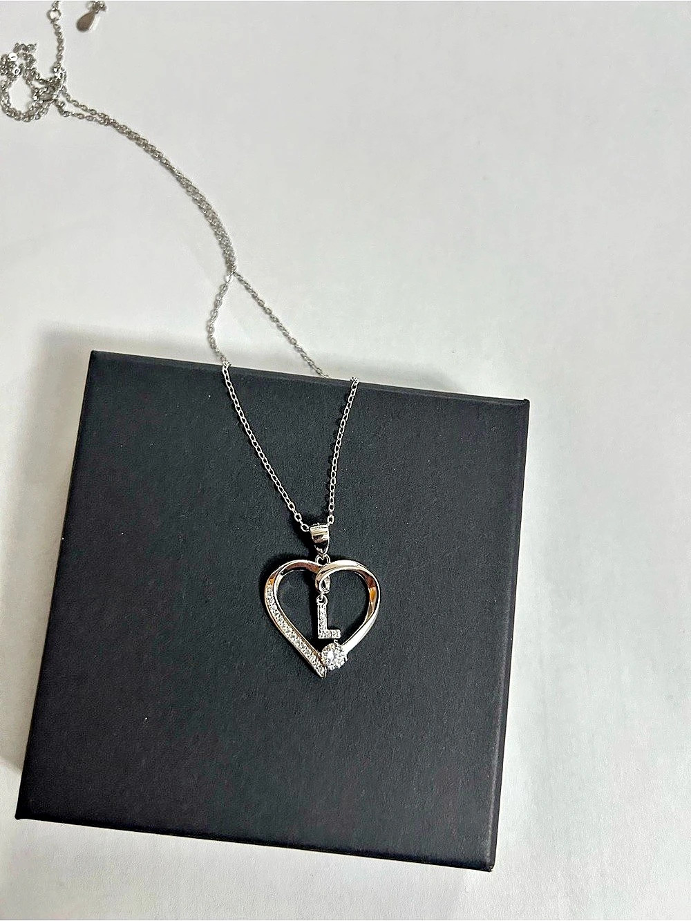 Heart Pendant Necklace in Silver & Black Like New, L initial